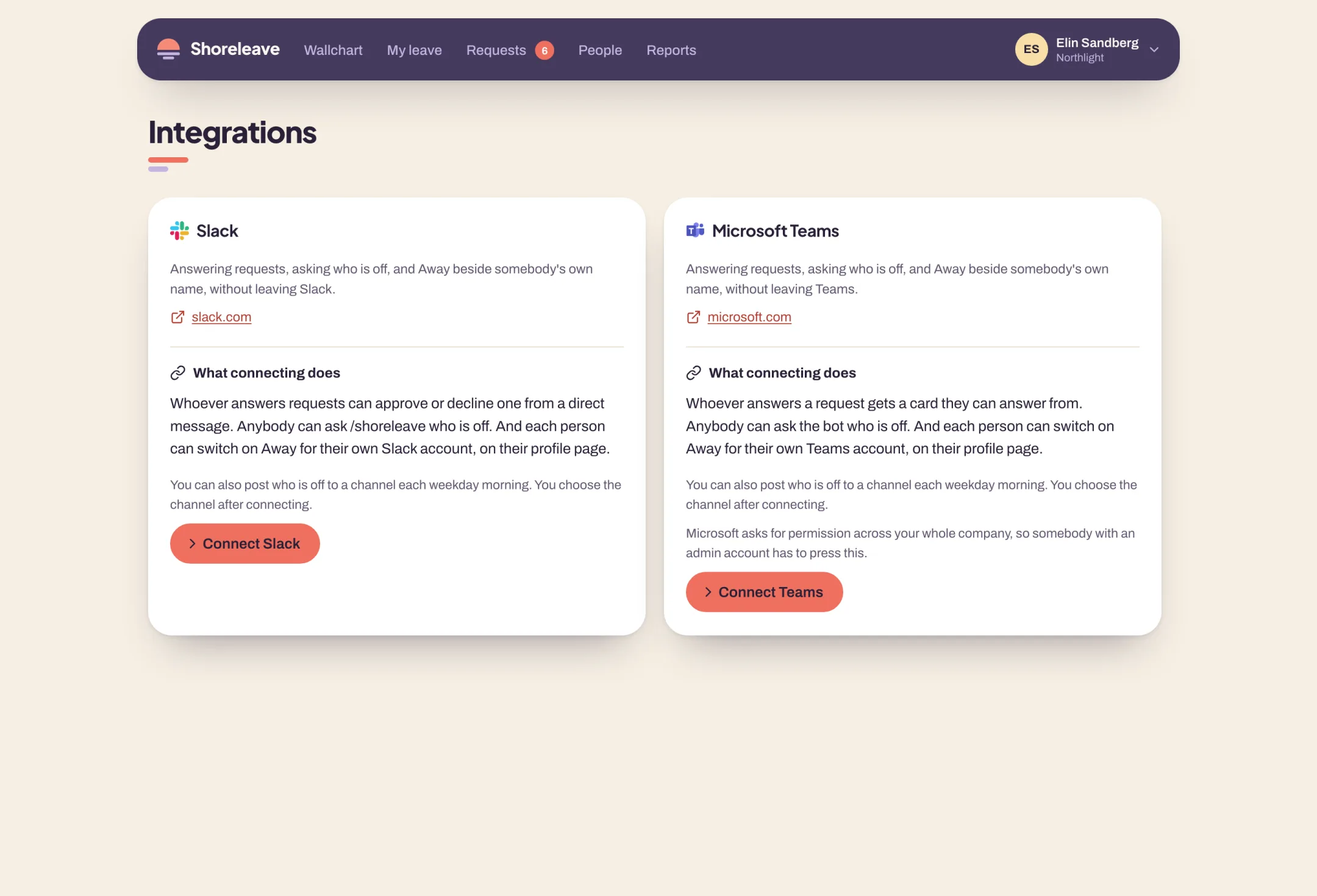 The integrations page in Shoreleave: a card for Slack and a card for Microsoft Teams, each saying what connecting does, with the button that connects it.