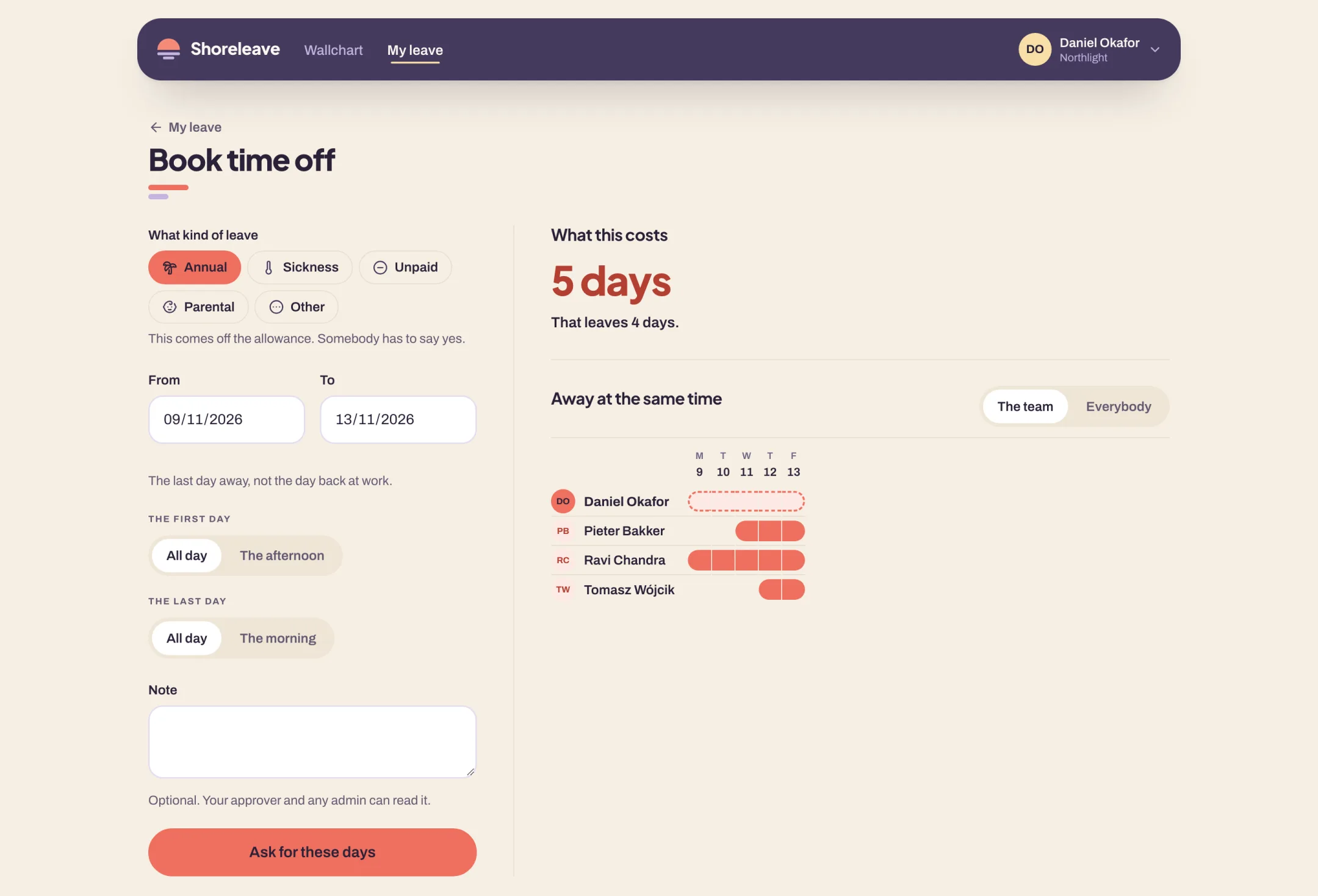 Booking time off in Shoreleave: the kind of leave, the dates and a note down the left, and on the right the number of days it costs, what that leaves, and the colleagues already away on those days.