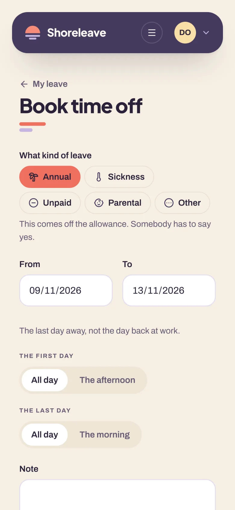 Booking time off on a phone: the kind of leave, two dates, and whether each end of the run is a half day.
